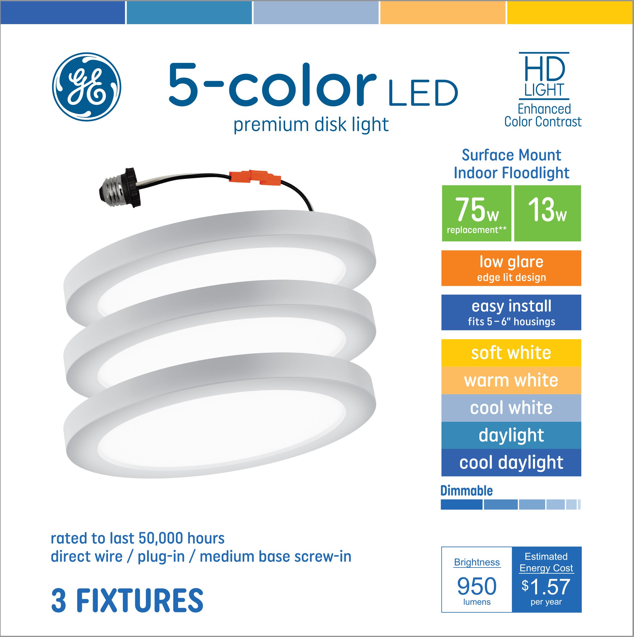 GE Premium Disk Lights, 75 Watt Replacement, Color Select, Direct Wire Plug-In or Screw-In